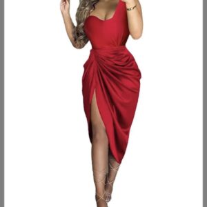 Ella Women Fashion Sexy Solid Color Pleated One-Shoulder Sleeveless Split Dress