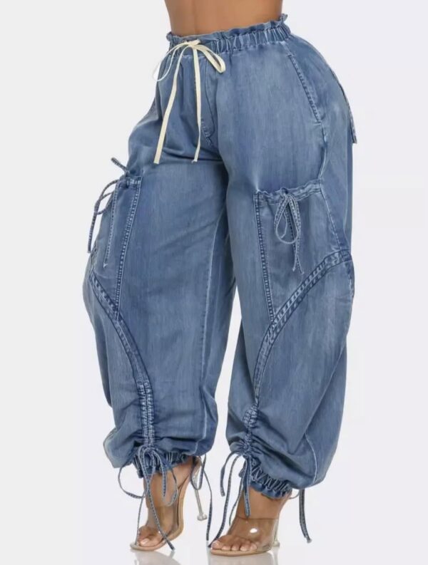 Women Fashion Casual Bow Drawstring Lace Denim Jogger Pants - Image 5