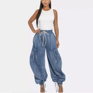 Women Fashion Casual Bow Drawstring Lace Denim Jogger Pants