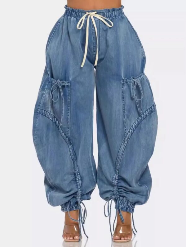 Women Fashion Casual Bow Drawstring Lace Denim Jogger Pants - Image 3