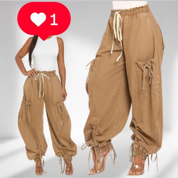 Women Fashion Casual Bow Drawstring Lace Denim Jogger Pants - Image 2