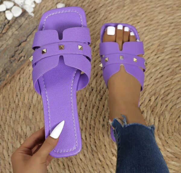 Chloe Studded Causal Solid Color Square Toe Slippers - Image 9