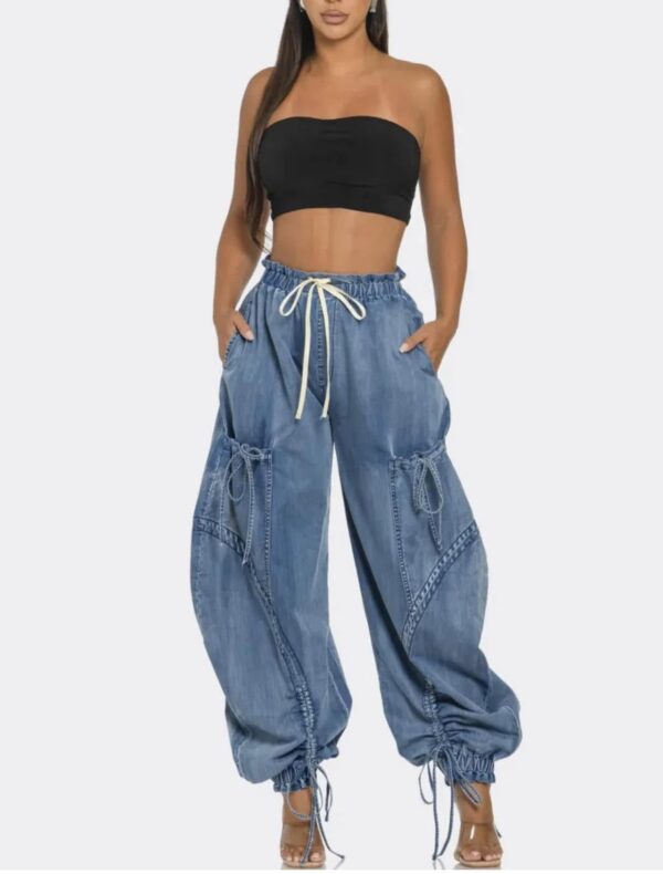 Women Fashion Casual Bow Drawstring Lace Denim Jogger Pants - Image 6