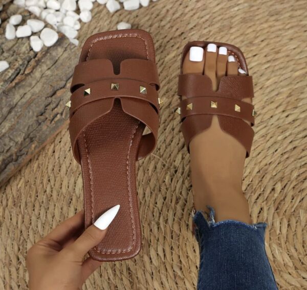 Chloe Studded Causal Solid Color Square Toe Slippers - Image 2