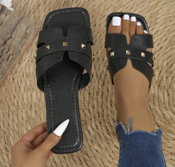 Chloe Studded Causal Solid Color Square Toe Slippers