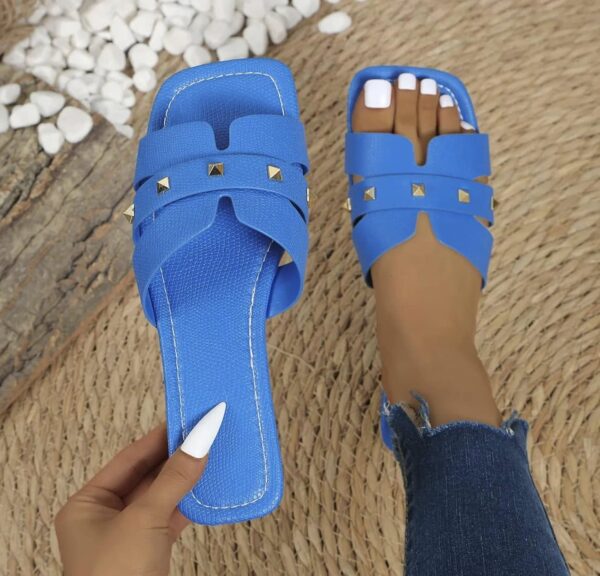 Chloe Studded Causal Solid Color Square Toe Slippers - Image 7