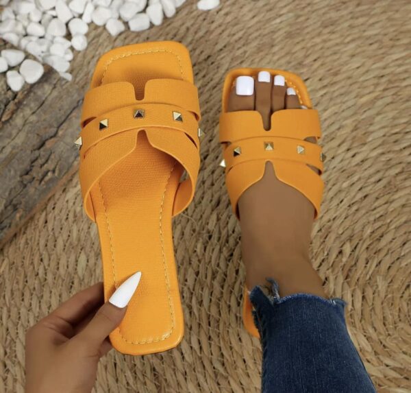 Chloe Studded Causal Solid Color Square Toe Slippers - Image 3