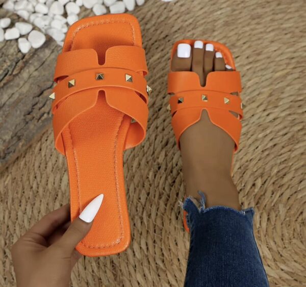 Chloe Studded Causal Solid Color Square Toe Slippers - Image 6