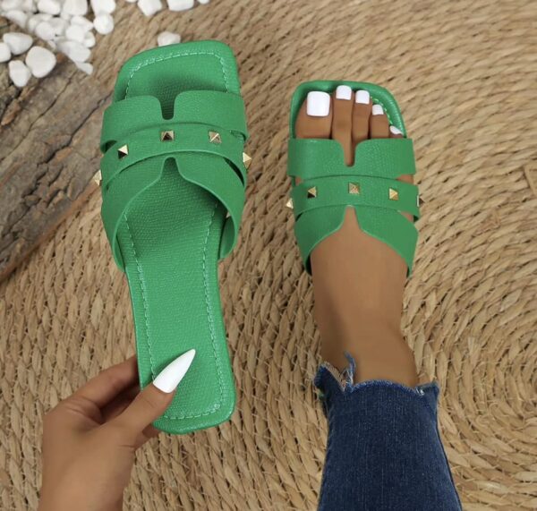 Chloe Studded Causal Solid Color Square Toe Slippers - Image 8