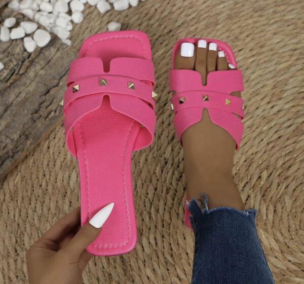 Chloe Studded Causal Solid Color Square Toe Slippers - Image 5