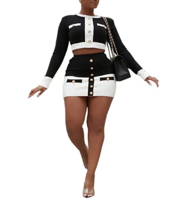 Chanel Women Elegant Color Blocking Long Sleeves Crop Top and Skirt Two-piece Set