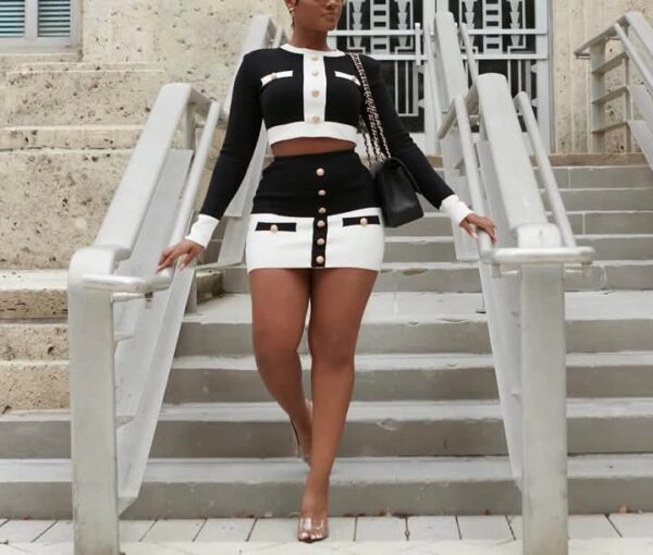 Chanel Women Elegant Color Blocking Long Sleeves Crop Top and Skirt Two-piece Set - Image 6