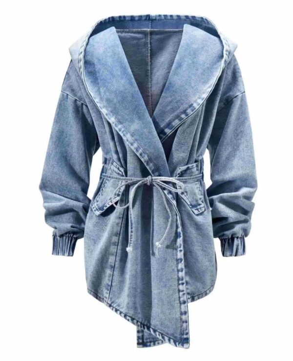 Spring And Autumn Women Fashion Waist Long-Sleeved Denim Hooded Coat - Image 5