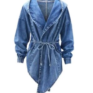 Spring And Autumn Women Fashion Waist Long-Sleeved Denim Hooded Coat