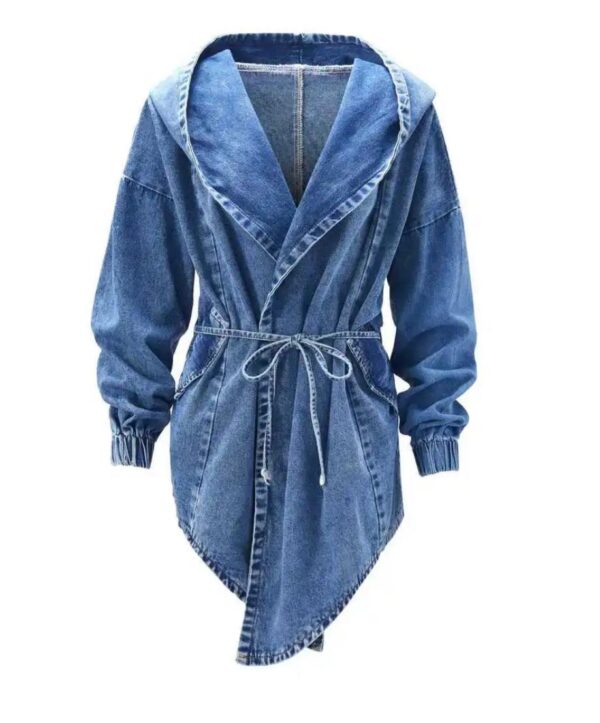 Spring And Autumn Women Fashion Waist Long-Sleeved Denim Hooded Coat