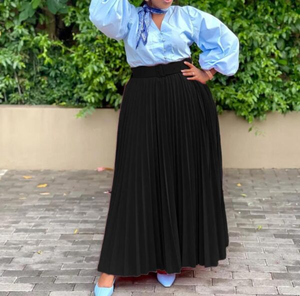 Women Solid Color High Waist Pleated Fashion Casual Loose Long Skirts - Image 5