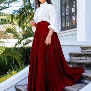 Women Solid Color High Waist Pleated Fashion Casual Loose Long Skirts