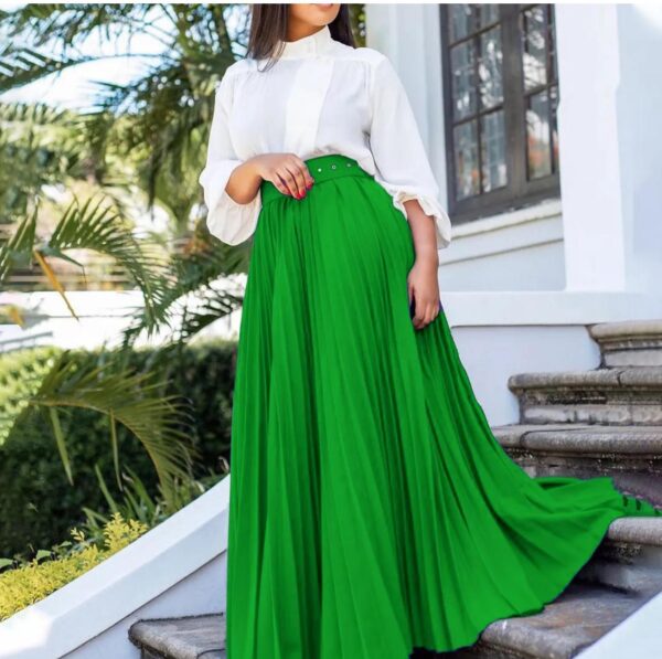 Women Solid Color High Waist Pleated Fashion Casual Loose Long Skirts - Image 2