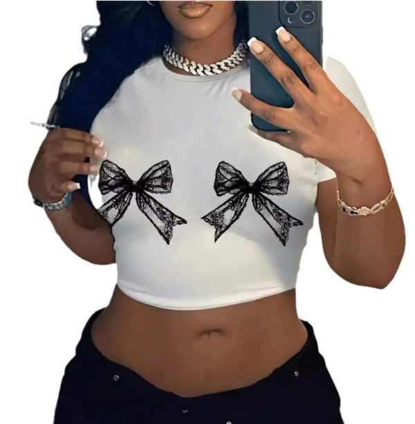 Women Fashion Casual Printed Round Neck Short Sleeve Tight Crop Top - Image 4